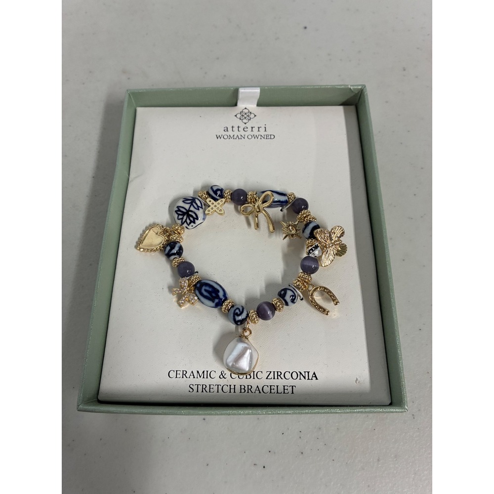 Atterri Ceramic Cubic Zirconia Blue White Gold Charm Stretch Bracelet New